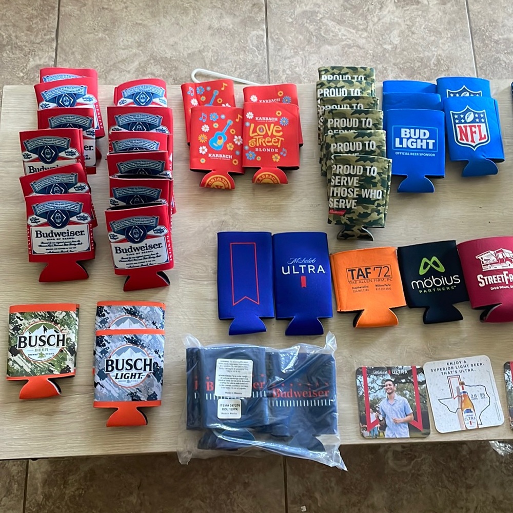 Koozies, coasters, stickers, key holders, beads